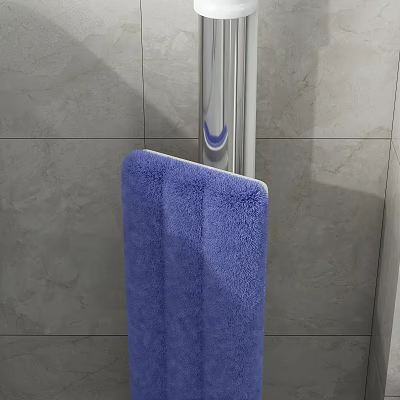 Blue Mop with Silver Handle and Gray Tiled Wall Background for Daily Cleaning 3d model