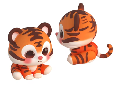 Cute Tiger Plush Dolls With Big Eyes Blush And Different Sitting Poses 3d model