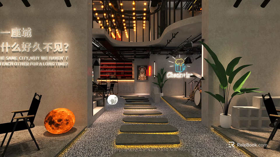 Modern Bar Interior With Illuminated Stepping Stones Neon Lights And Moon Decor 3d model 