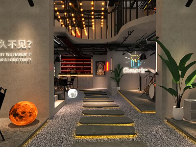 Modern Bar Interior With Illuminated Stepping Stones Neon Lights And Moon Decor 3d model