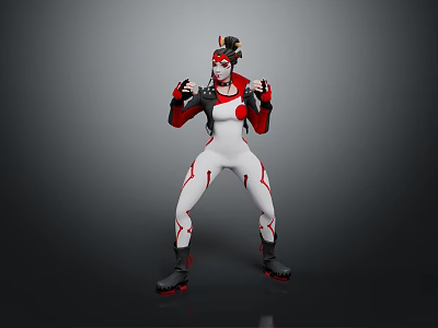 Anime 3D Character In Red White Tight Bodysuit With Headgear Black Boots And Action Pose 3d model