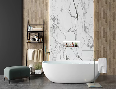 Freestanding Bathtub in Modern Bathroom with Marble Wall Wooden Accents Stool Shelf and Bath Products 3d model