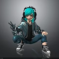 3D Character With Teal Hair Headphones Hoodie And Cargo Pants Squatting Pose Peace Sign