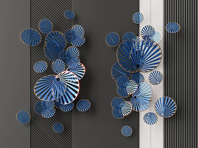 Blue And White Fan Shaped Wall Decor With Circular Artistic Arrangement For Home Interior 3d model