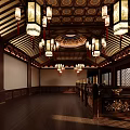 Chinese Style Grand Hall With Wooden Carved Ceiling Symmetric Seats And Floor Pattern Paintings