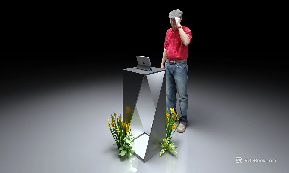 Person Standing By Modern Display Cabinet Shelf With Laptop And Yellow Flowers 3d model 