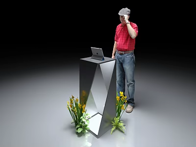 Person Standing By Modern Display Cabinet Shelf With Laptop And Yellow Flowers 3d model