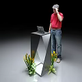 Person Standing By Modern Display Cabinet Shelf With Laptop And Yellow Flowers