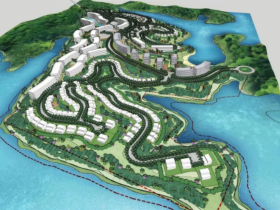 Aerial Planning of Coastal Island Development with Curved Roads Buildings and Green Spaces 3d model
