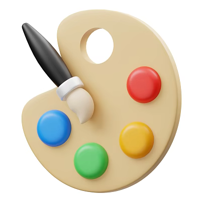 Vibrant Artist Painting Tools With Wooden Palette Paintbrush And Red Blue Green Yellow Paint Blobs 3d model