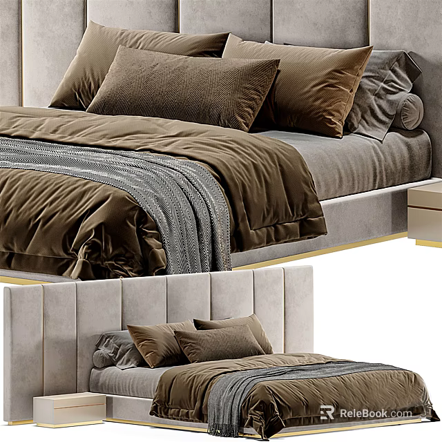 Double Bed With Soft Gray Headboard Brown Pillows And Cozy Linen Bedding 3d model