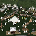 Scenic Camping Site With Green Grass Tents Outdoor Dining And Relaxation Spaces