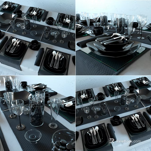 Modern Black Dinnerware Set With Plates Cutlery And Wine Glasses On Dining Table 3d model 