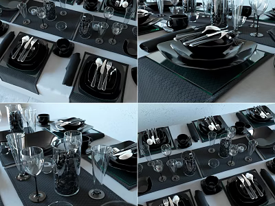 Modern Black Dinnerware Set With Plates Cutlery And Wine Glasses On Dining Table 3d model