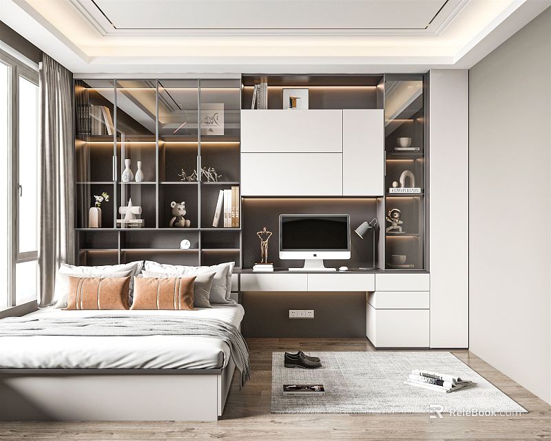 Modern Tatami Bedroom Interior Design With Storage Shelves Desk And Natural Light 3d model 