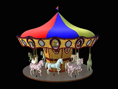 Vibrant Carousel Amusement Ride With Red Blue Yellow Canopy Golden Trim And Hanging Horse Figures 3d model