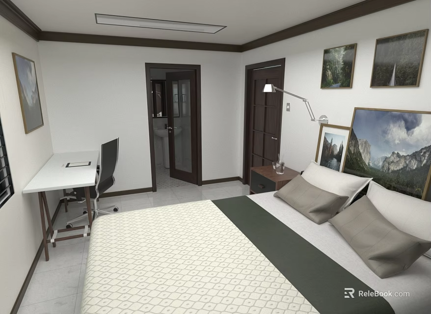 Modern Hotel Room Interior With Comfortable Bed Nightstand Desk And Wall Paintings 3d model 