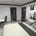Modern Hotel Room Interior With Comfortable Bed Nightstand Desk And Wall Paintings