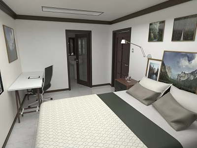 Modern Hotel Room Interior With Comfortable Bed Nightstand Desk And Wall Paintings 3d model