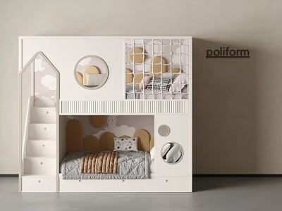 Modern Kids Bunk Bed With Stairs Cloud Shaped Decor And Circular Accents 3d model