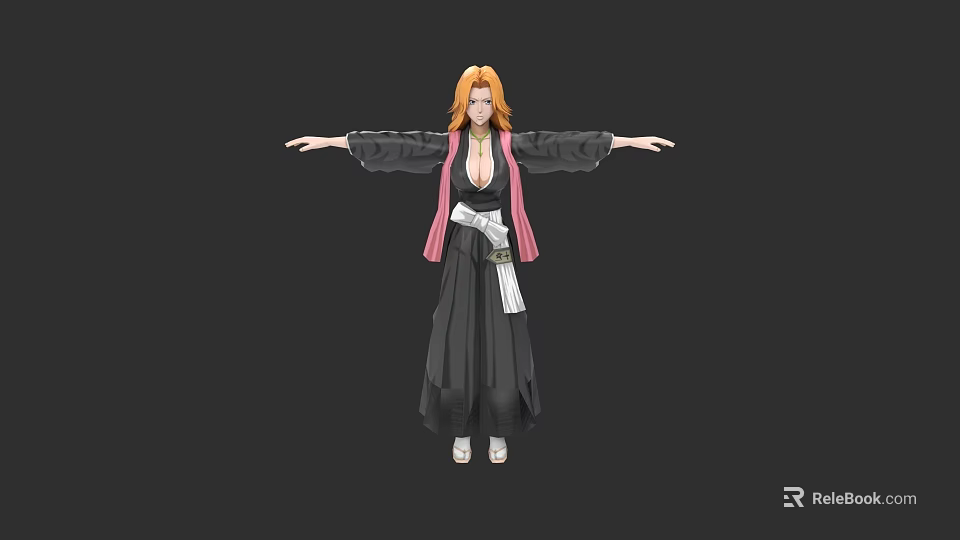 3D Anime Character Model with Orange Hair Black Robe Pink Sash and Outstretched Arms 3d model 