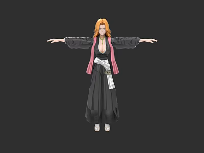 3D Anime Character Model with Orange Hair Black Robe Pink Sash and Outstretched Arms 3d model