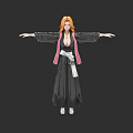 3D Anime Character Model with Orange Hair Black Robe Pink Sash and Outstretched Arms