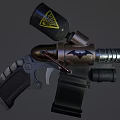 Futuristic Tactical Weapon With Black Canister Yellow Warning Symbol Bat Design And Metallic Grip