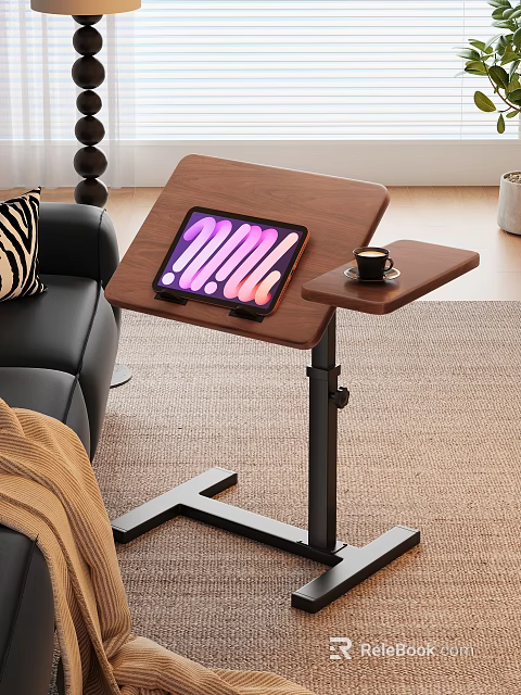Adjustable Side Table With Wooden Top Black Metal Frame Holding Tablet And Coffee Cup 3d model 