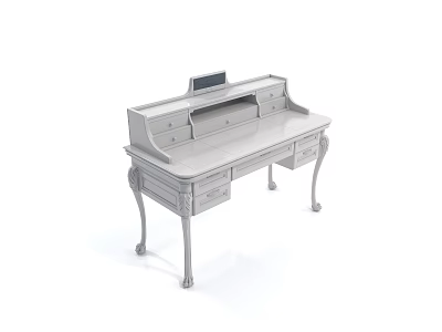 Elegant White Functional Desk With Multiple Drawers Carved Legs And Built-in Screen 3d model