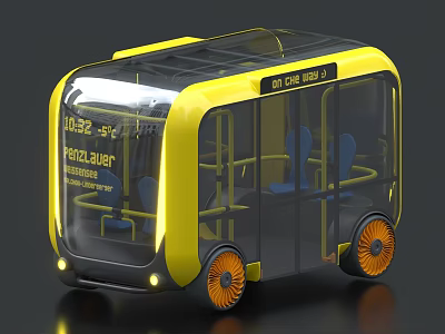 Yellow City Mobi Autonomous Shuttle With Transparent Windows Blue Seats And Orange Wheels 3d model