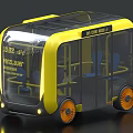 Yellow City Mobi Autonomous Shuttle With Transparent Windows Blue Seats And Orange Wheels