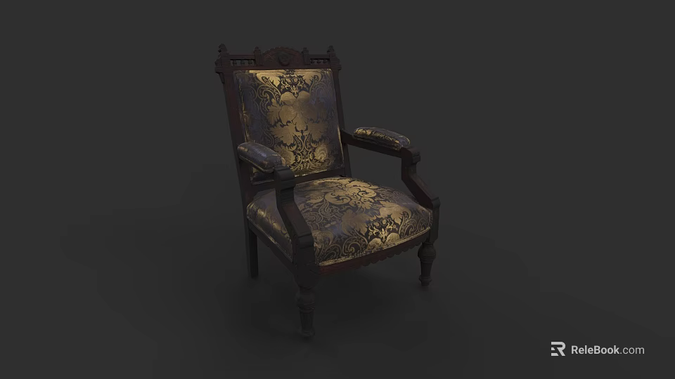 Classical Armchair with Ornate Patterns on Upholstery Dark Wooden Frame Gold Accents and Carved Armrests 3d model 
