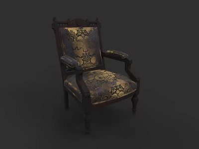 Classical Armchair with Ornate Patterns on Upholstery Dark Wooden Frame Gold Accents and Carved Armrests 3d model