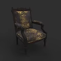 Classical Armchair with Ornate Patterns on Upholstery Dark Wooden Frame Gold Accents and Carved Armrests