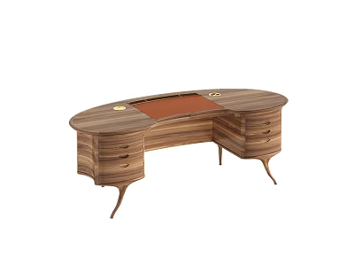 Elegant Curved Wooden Desk With Brown Leather Top And Multiple Drawers 3d model