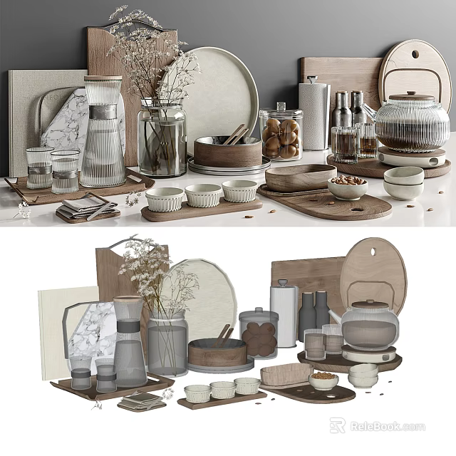 Decorative Ornament Combination Set With Ceramic Jars Wooden Trays And Glass Vases For Home Decor 3d model 