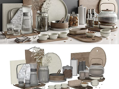 Decorative Ornament Combination Set With Ceramic Jars Wooden Trays And Glass Vases For Home Decor 3d model