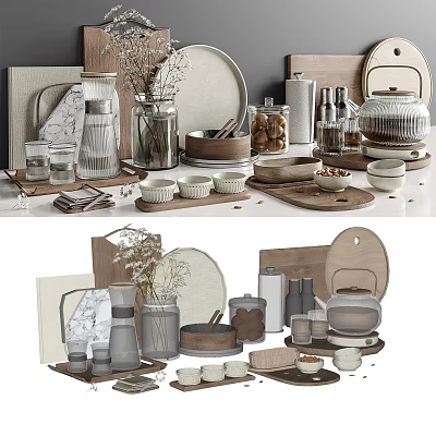 Decorative Ornament Combination Set With Ceramic Jars Wooden Trays And Glass Vases For Home Decor 3d model