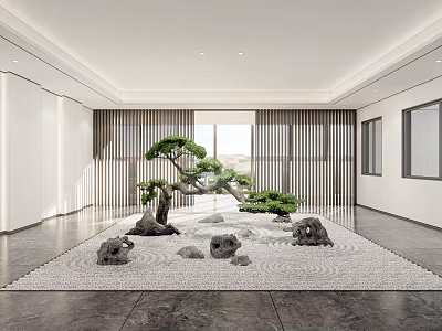 Modern Indoor Karesansui Garden With Pine Tree Stones Sand And Sliding Panels 3d model