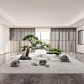 Modern Indoor Karesansui Garden With Pine Tree Stones Sand And Sliding Panels