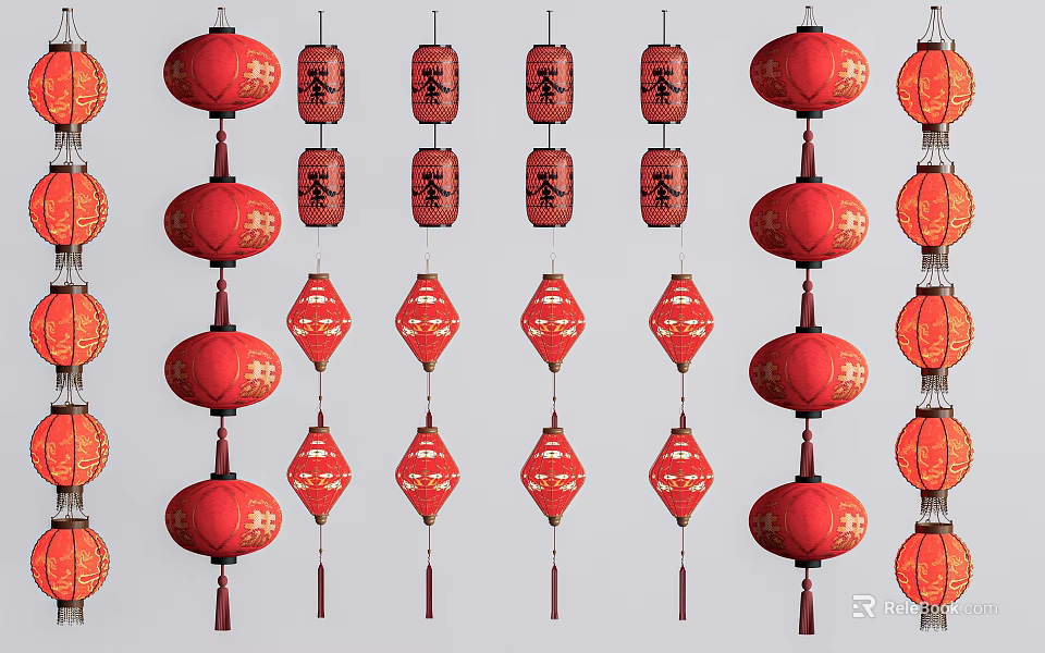 Traditional Red Chinese Lanterns With Spring Characters And Various Shapes For Decorations 3d model 