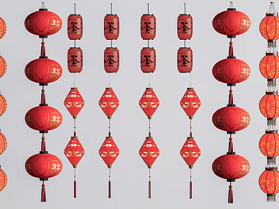 Traditional Red Chinese Lanterns With Spring Characters And Various Shapes For Decorations 3d model