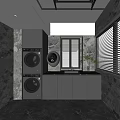 Modern Home Balcony With Stacked Washing Machine Dryer Black Cabinets Marble Walls Blinds And Plants
