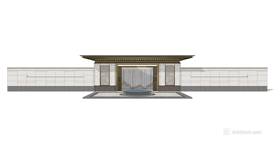 Traditional Chinese Entrance Gate With Decorative Eaves Stone Walls And Glass Doorway 3d model 