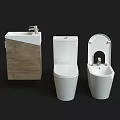 Modern Toilet with Wooden Cabinet Sink and Bidet in Bathroom Setup