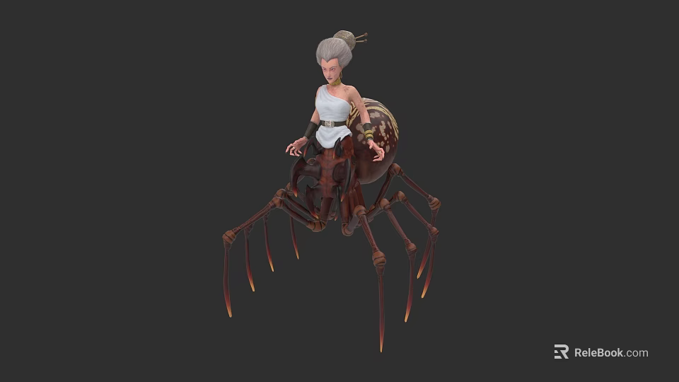 White Haired Female Character Riding Mechanical Spider With Red And Brown Legs 3d model 