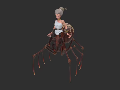 White Haired Female Character Riding Mechanical Spider With Red And Brown Legs 3d model