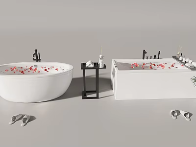 Luxurious White Round And Rectangular Bathtubs With Red Petals Scented Candles And Slippers 3d model