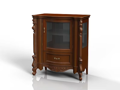 Classic Wooden Corner Wine Cabinet With Carved Details Glass Door And Drawer 3d model